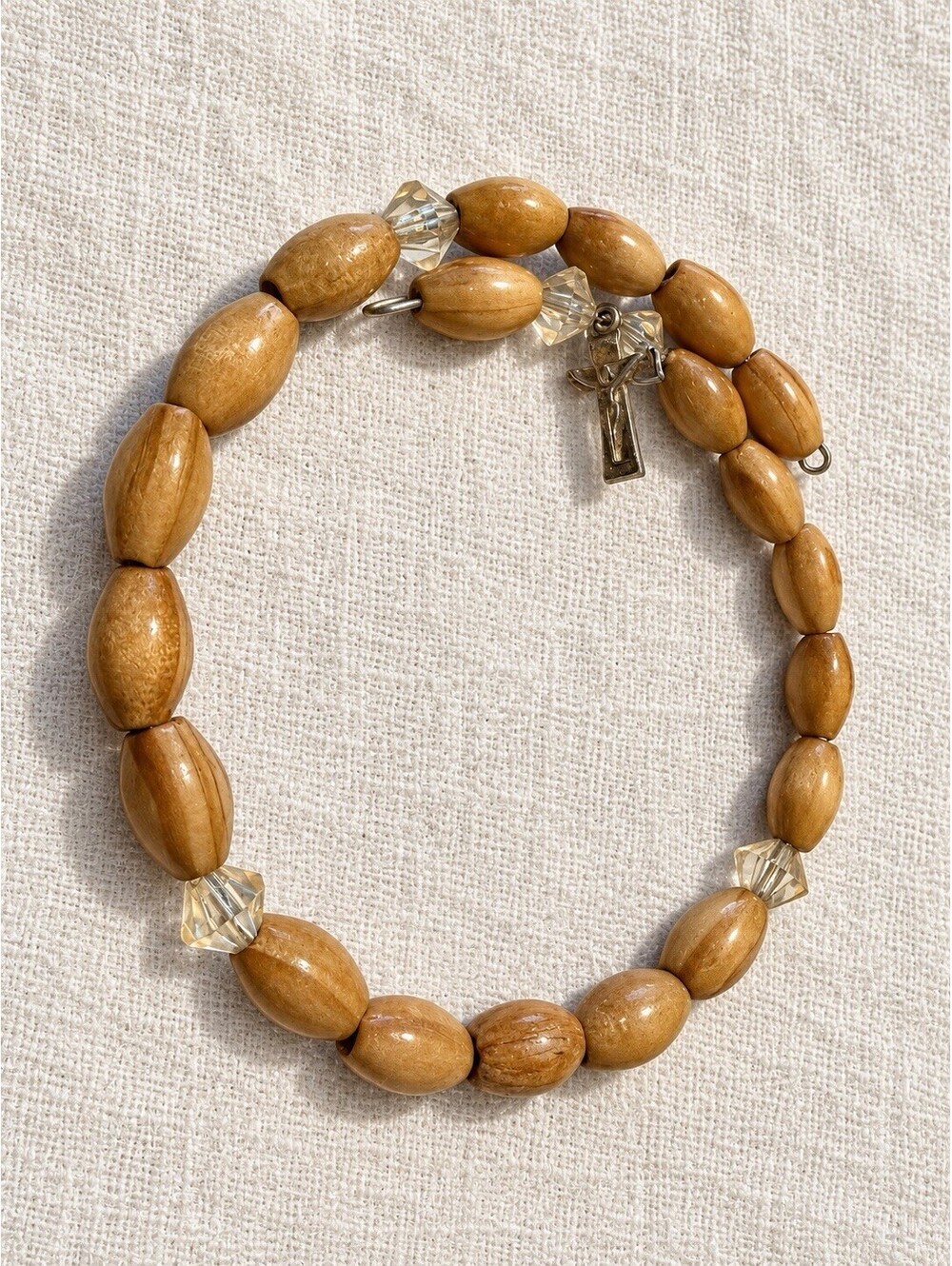 🤎 Honey Brown Oval Bead Bracelet with Clear Accents & Cross Charm